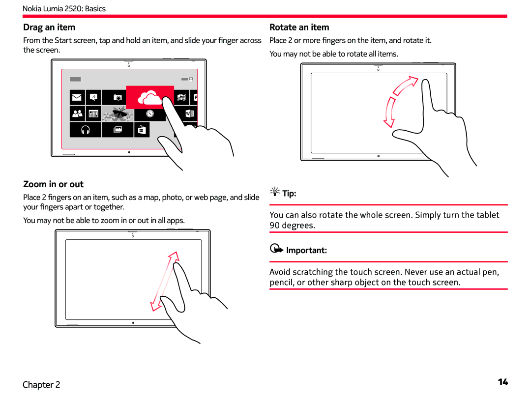 Nokia 2520 manual Drag an item, Zoom in or out, Rotate an item 