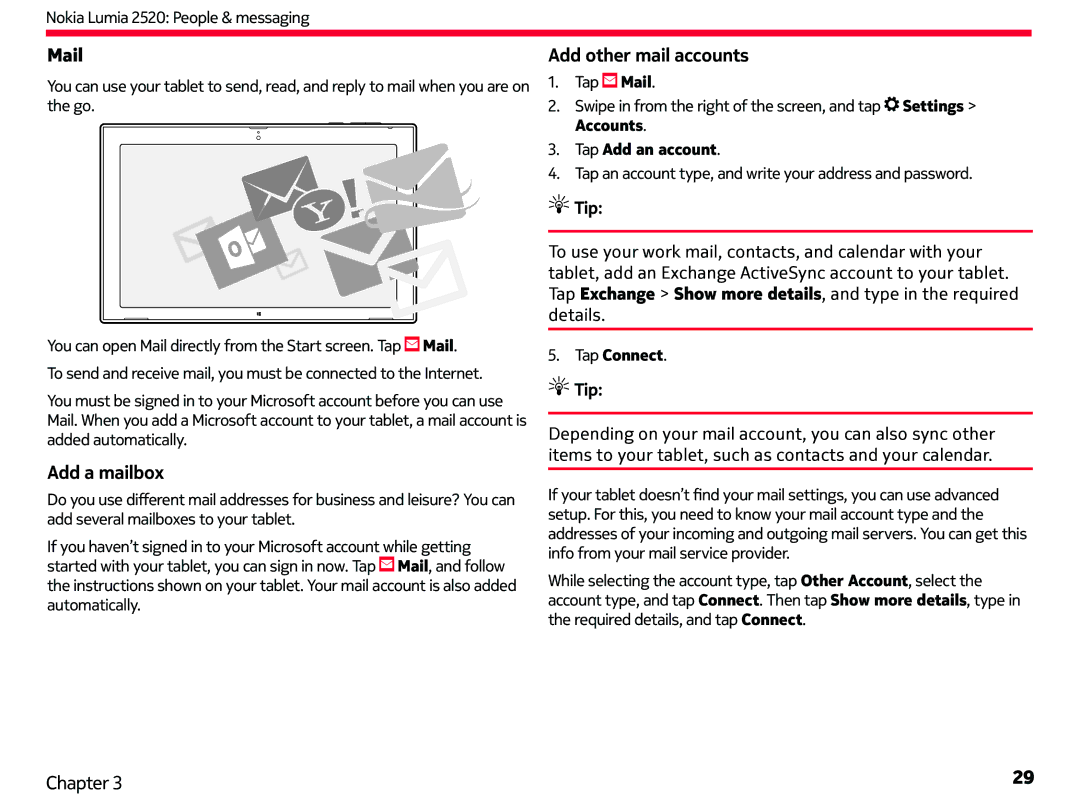 Nokia 2520 manual Mail, Add a mailbox, Add other mail accounts, Tap Add an account, Tap Connect 