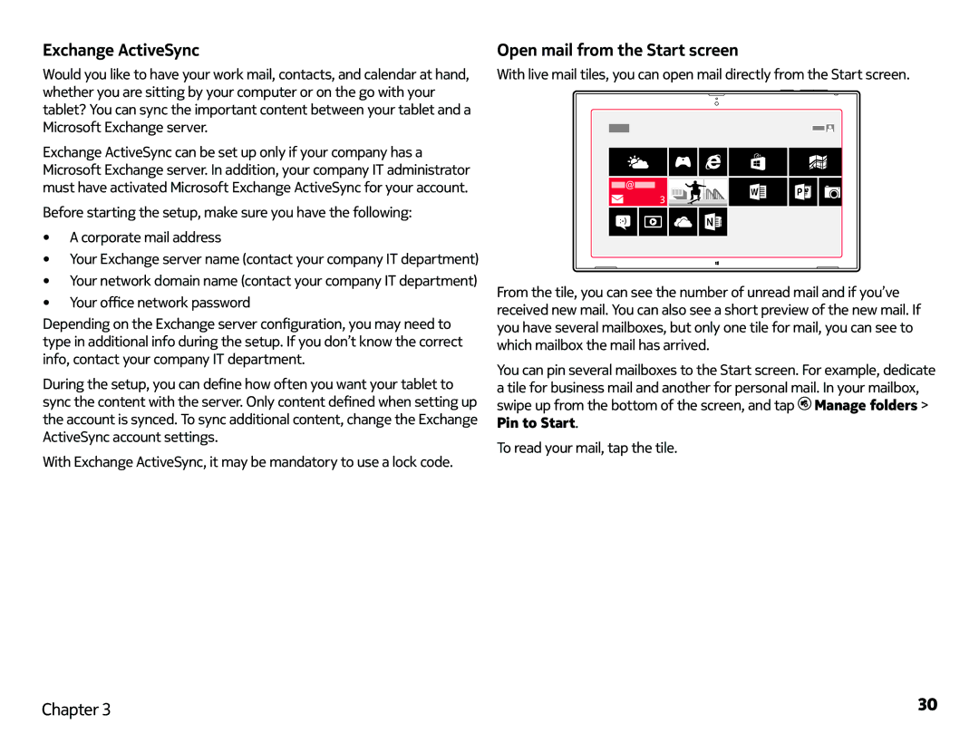Nokia 2520 manual Exchange ActiveSync, Open mail from the Start screen 
