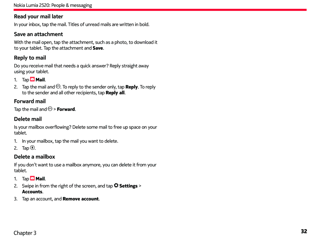Nokia 2520 manual Read your mail later, Save an attachment, Reply to mail, Forward mail, Delete mail, Delete a mailbox 