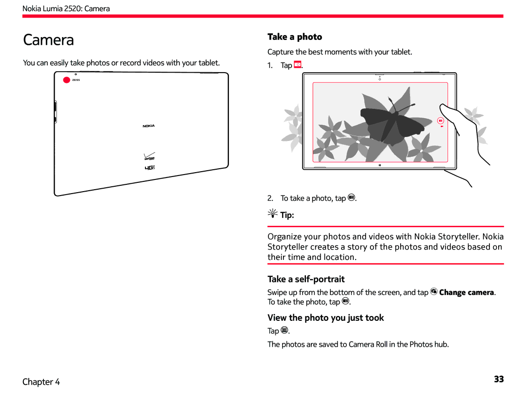 Nokia 2520 manual Camera, Take a photo, Take a self-portrait, View the photo you just took 