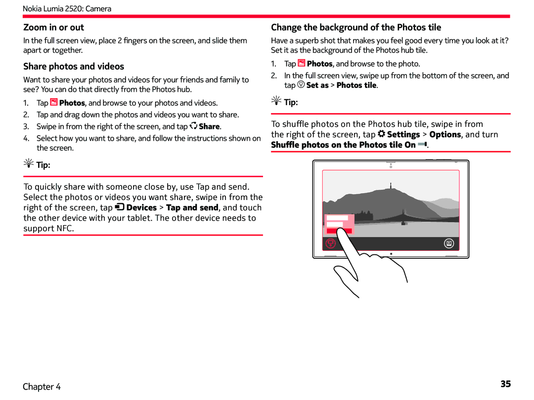 Nokia 2520 manual Share photos and videos, Change the background of the Photos tile 