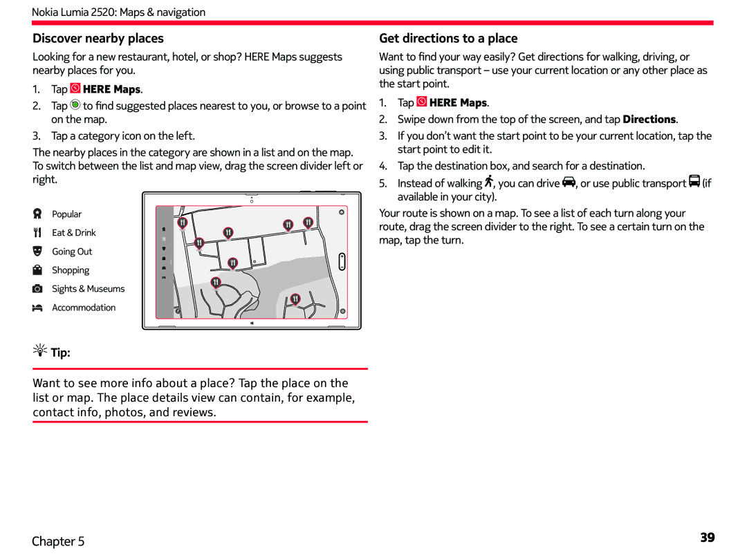 Nokia 2520 manual Discover nearby places, Get directions to a place 