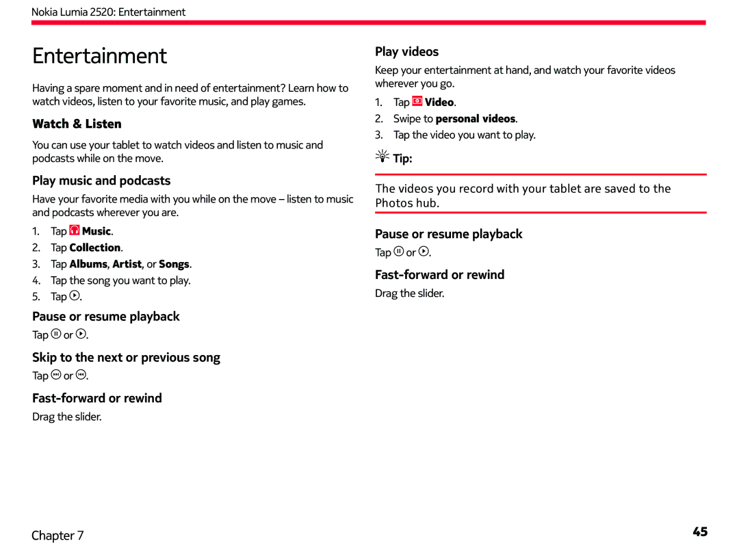 Nokia 2520 manual Entertainment 