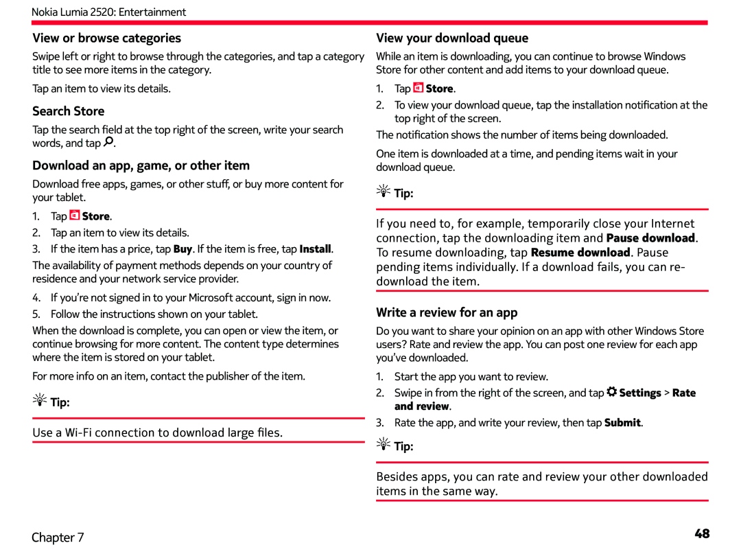 Nokia 2520 manual View or browse categories, Search Store, Download an app, game, or other item, View your download queue 