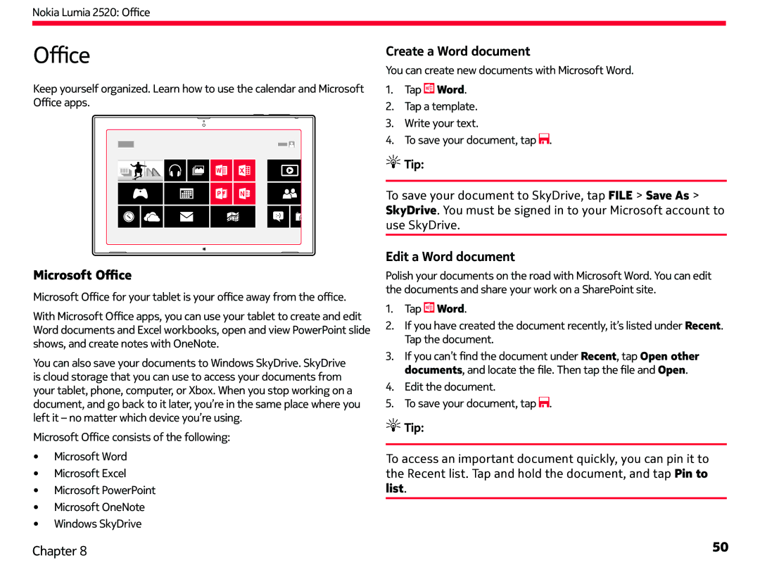 Nokia 2520 manual Microsoft Office, Create a Word document, Edit a Word document 