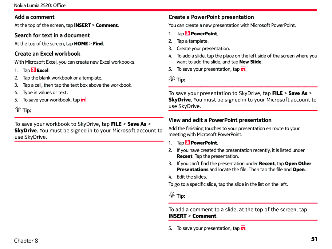 Nokia 2520 manual Add a comment, Search for text in a document, Create an Excel workbook, Create a PowerPoint presentation 
