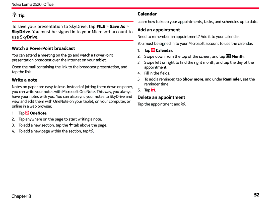 Nokia 2520 manual Watch a PowerPoint broadcast, Write a note, Calendar, Add an appointment, Delete an appointment 