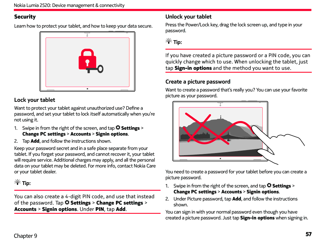 Nokia 2520 manual Security, Lock your tablet, Unlock your tablet, Create a picture password 