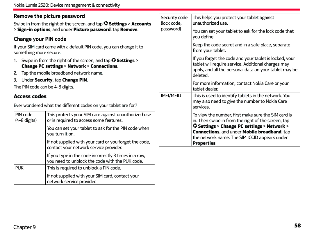 Nokia 2520 manual Remove the picture password, Change your PIN code 