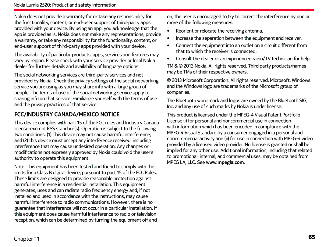 Nokia 2520 manual FCC/INDUSTRY CANADA/MEXICO Notice 