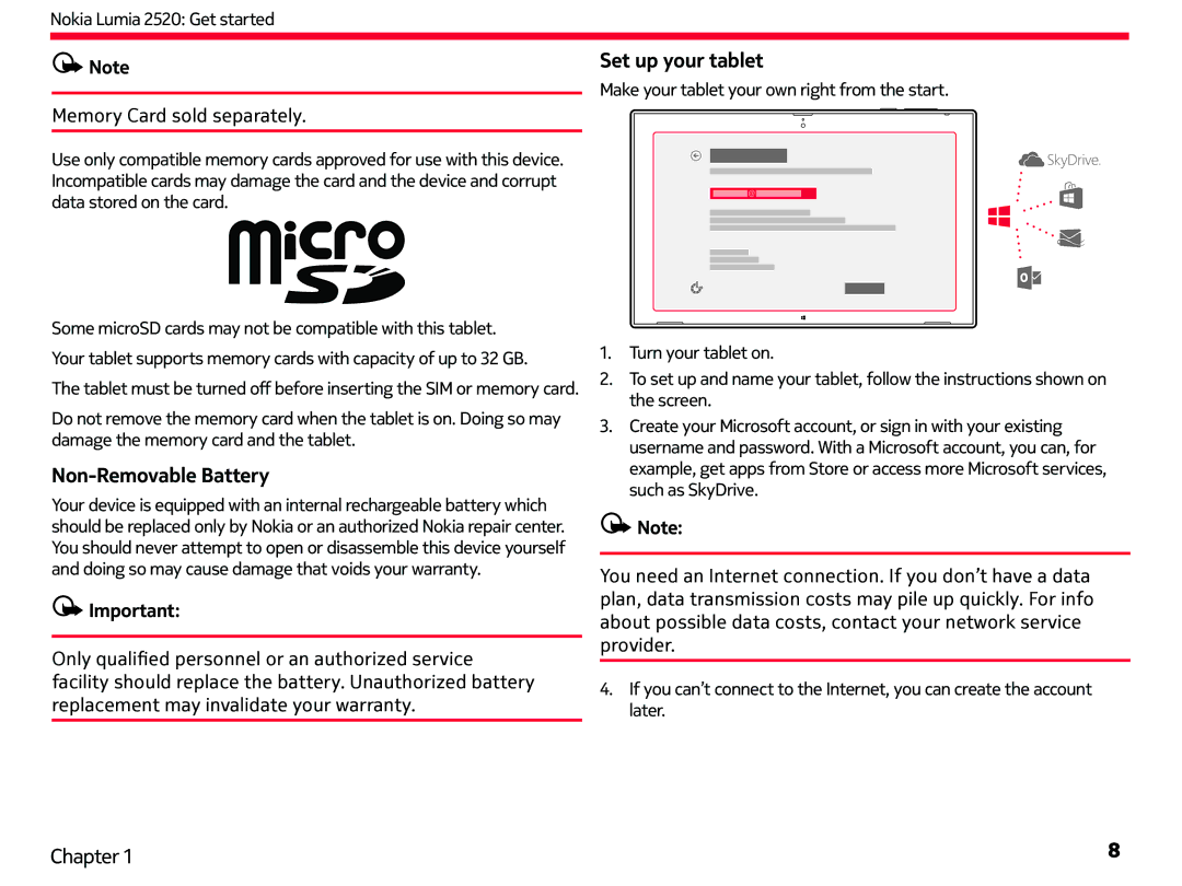 Nokia 2520 manual Set up your tablet, Non-Removable Battery 
