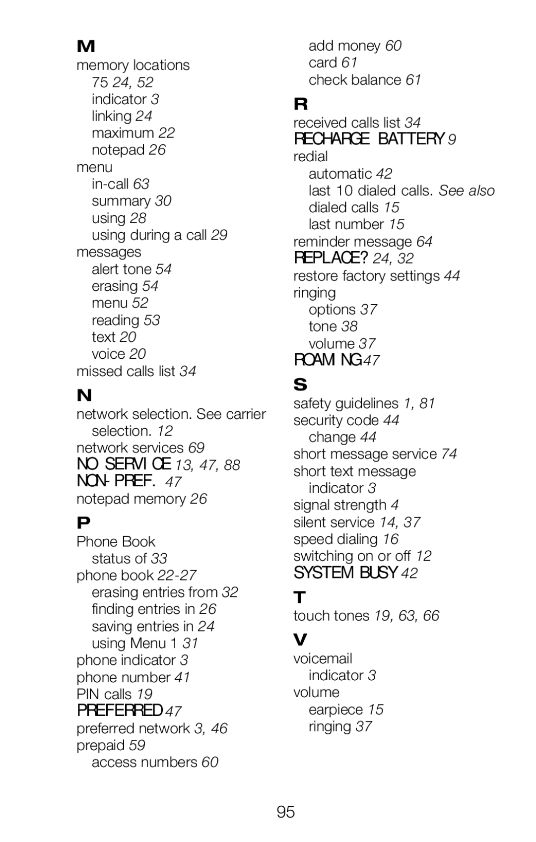 Nokia 252C owner manual No Service 13, 47, 88 NON-PREF, Preferred 47 preferred network 3, 46 prepaid 