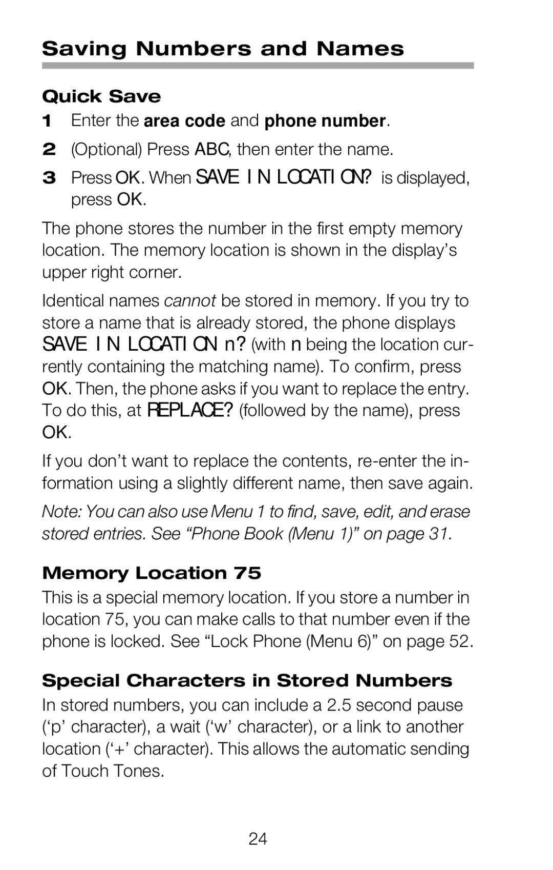 Nokia 252C owner manual Saving Numbers and Names, Quick Save Enter the area code and phone number, Memory Location 