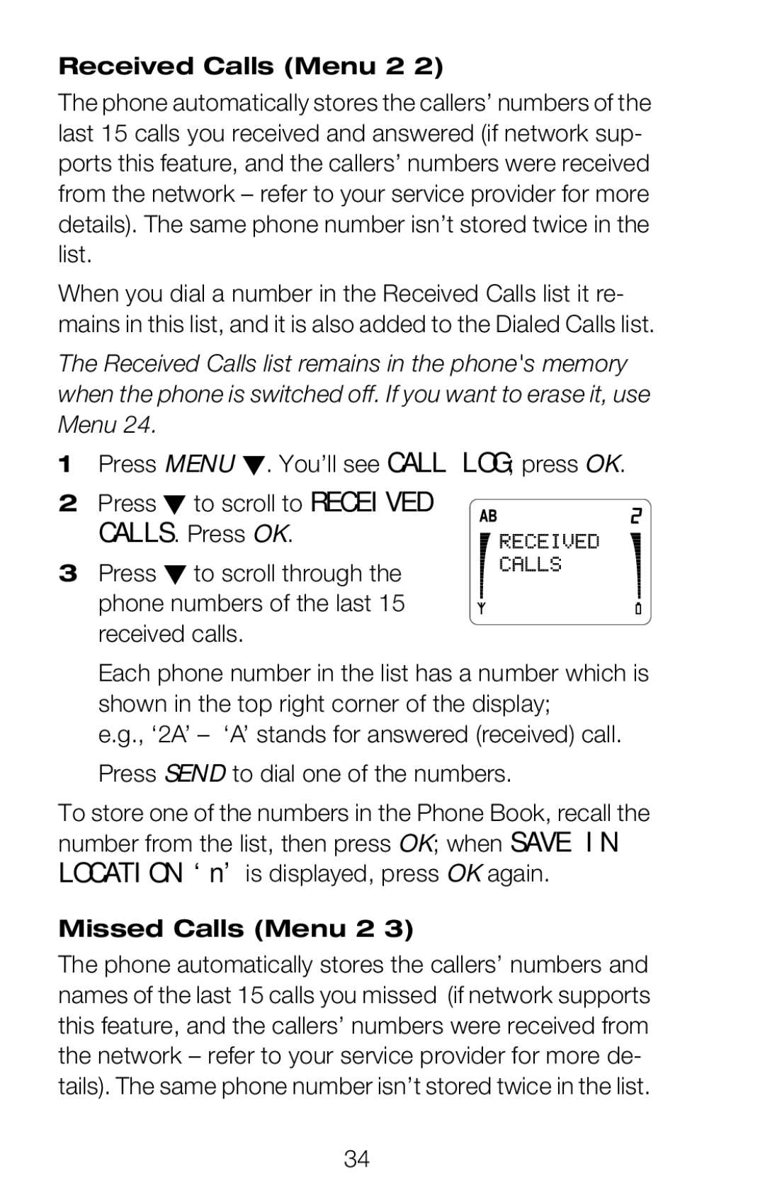 Nokia 252C owner manual Received Calls Menu 2, Missed Calls Menu 2 