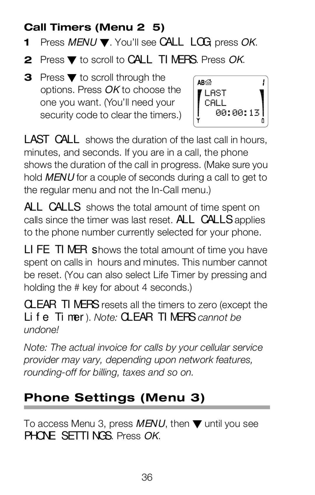 Nokia 252C owner manual Phone Settings Menu, Call Timers Menu 2, Regular menu and not the In-Call menu 