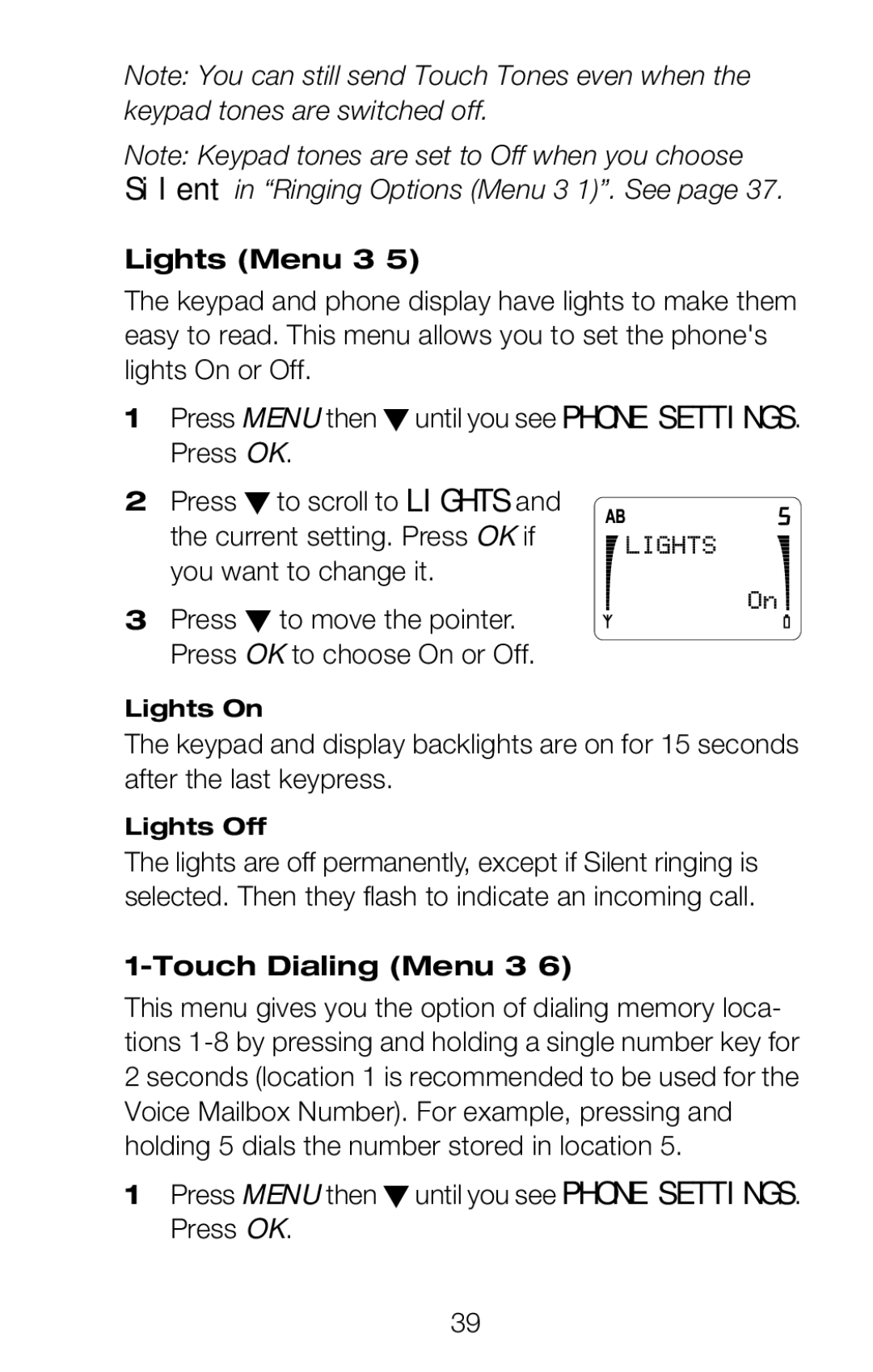 Nokia 252C owner manual Lights Menu 3, Touch Dialing Menu 3 