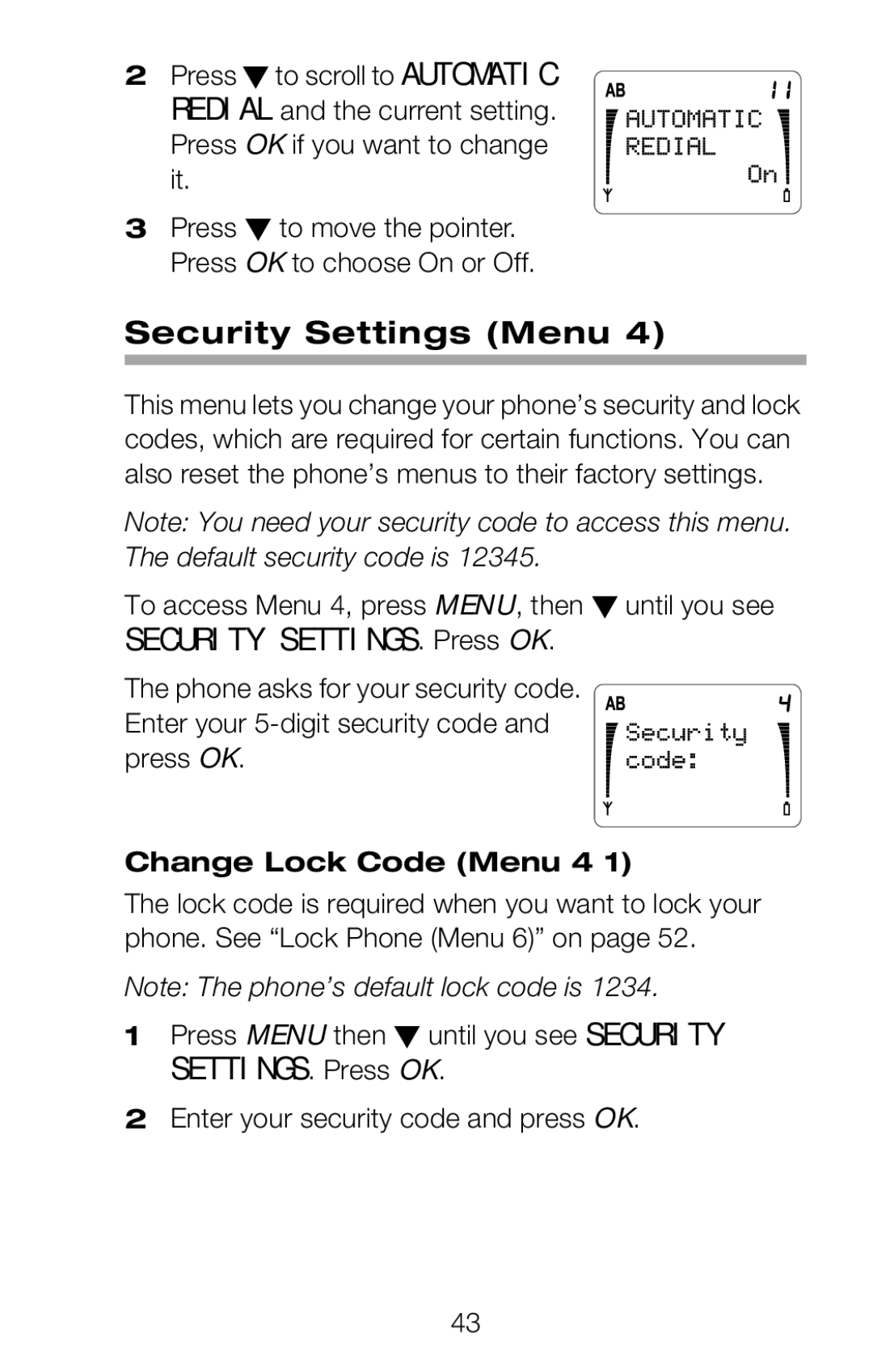 Nokia 252C owner manual Security Settings Menu, Change Lock Code Menu 4 