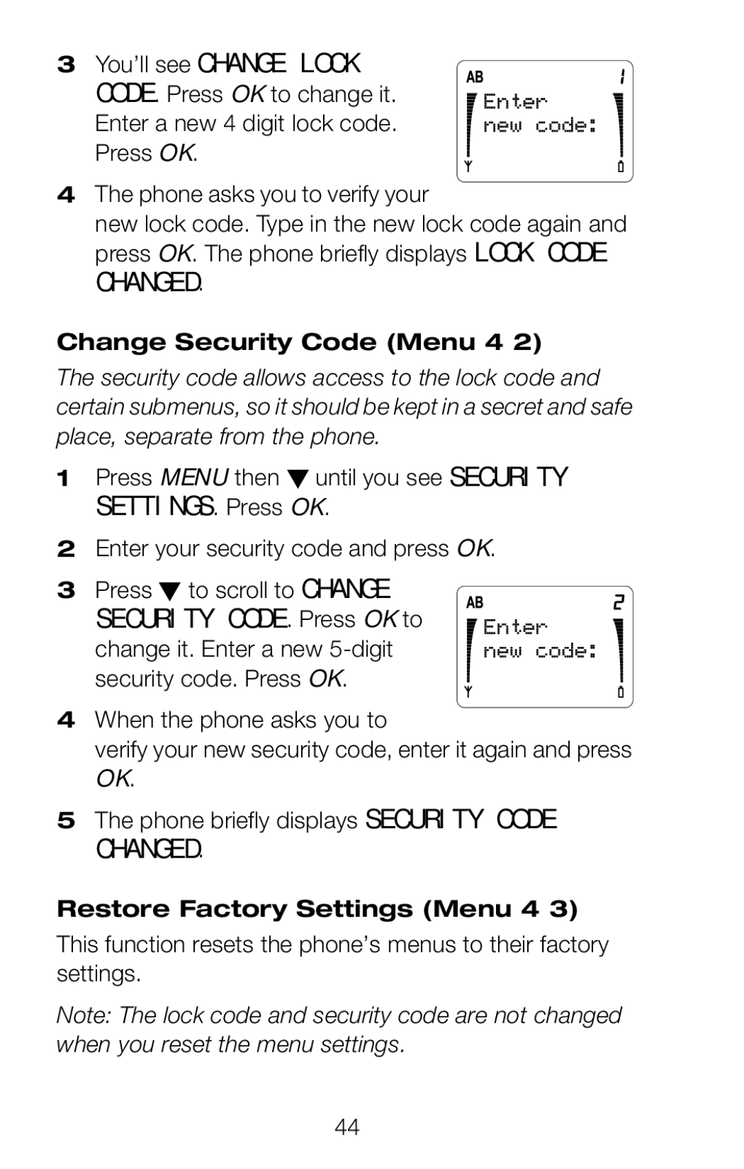 Nokia 252C owner manual Change Security Code Menu 4, Restore Factory Settings Menu 4 