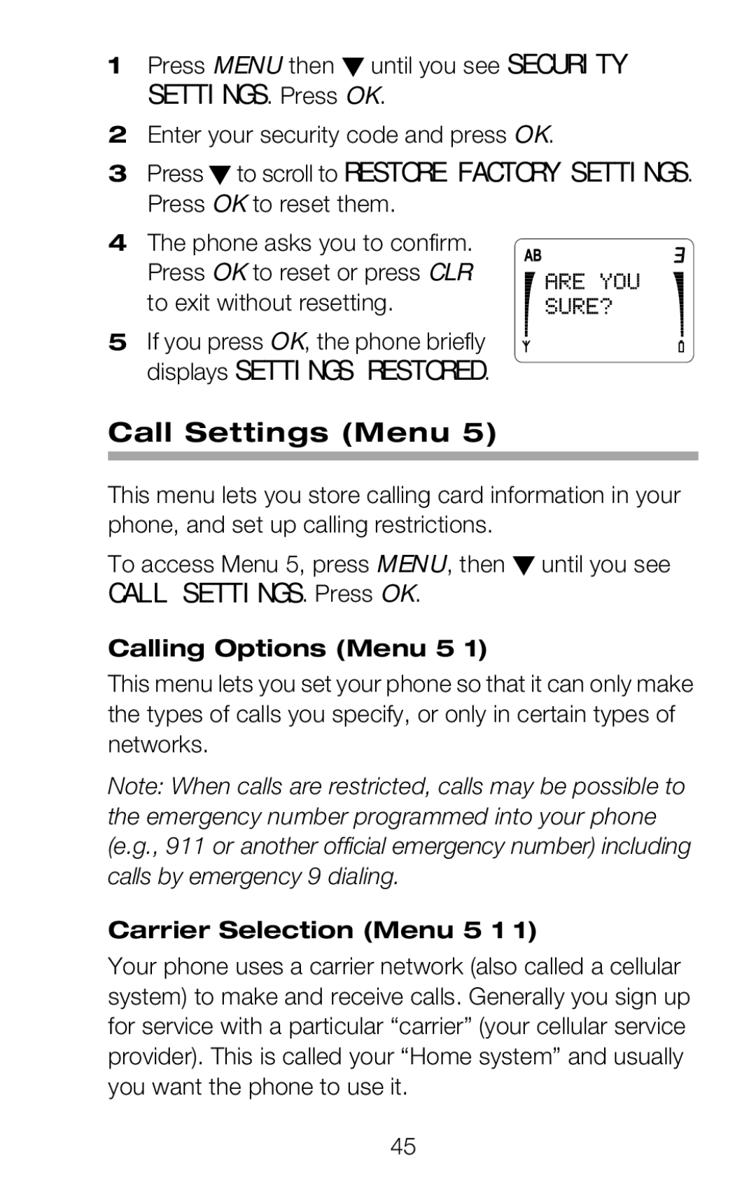 Nokia 252C owner manual Call Settings Menu, Calling Options Menu 5, Carrier Selection Menu 5 1 