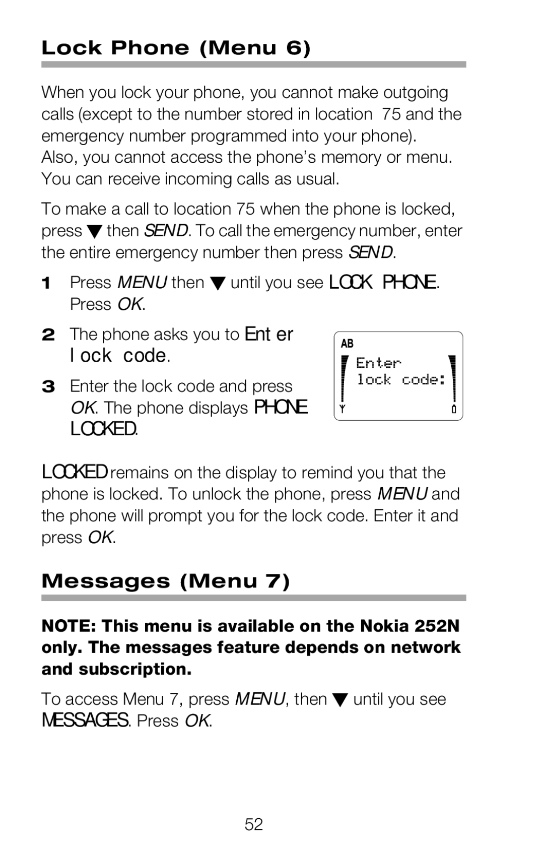 Nokia 252C owner manual Lock Phone Menu, Lock code, Messages Menu 