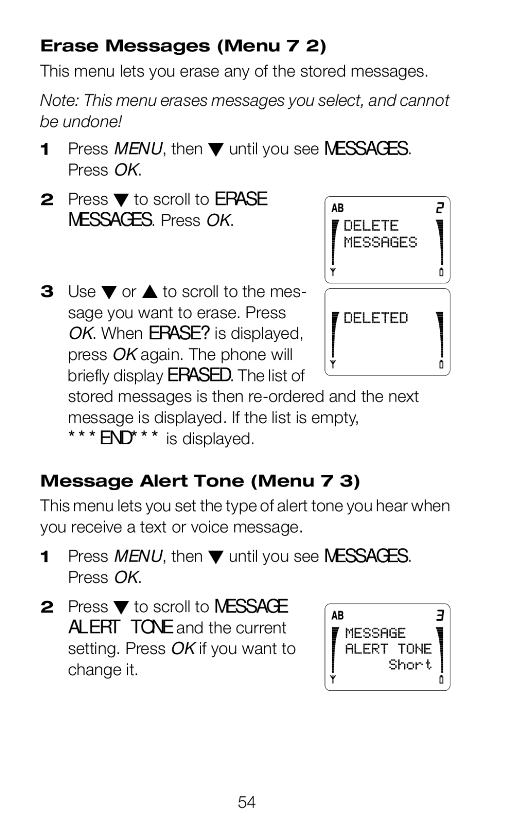 Nokia 252C owner manual Erase Messages Menu 7, Use ! or to scroll to the mes, Message Alert Tone Menu 7 