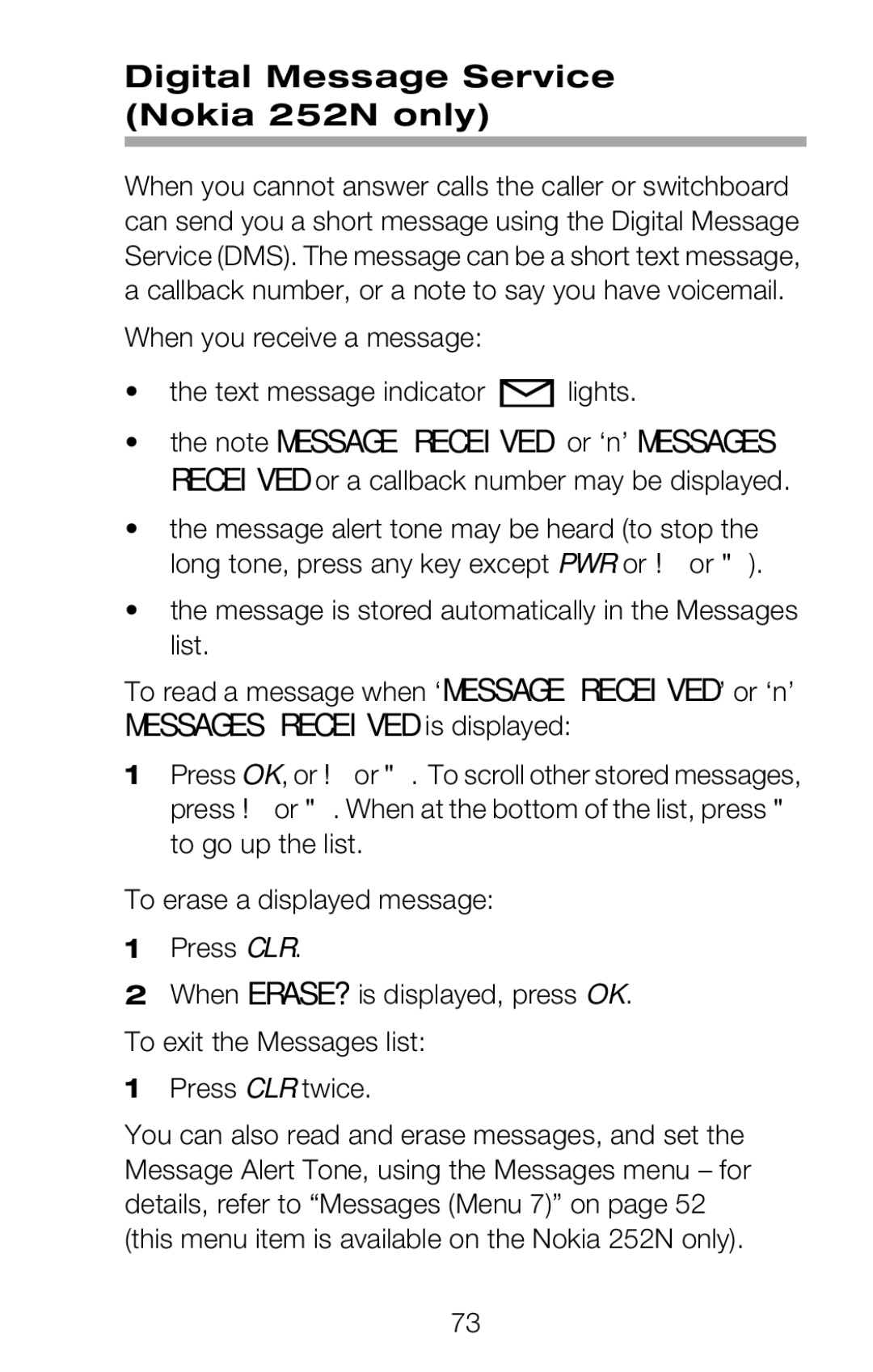 Nokia 252C owner manual Digital Message Service Nokia 252N only, Messages Received is displayed 