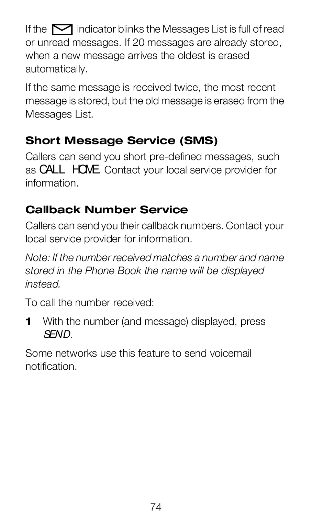 Nokia 252C owner manual Short Message Service SMS, Callback Number Service 