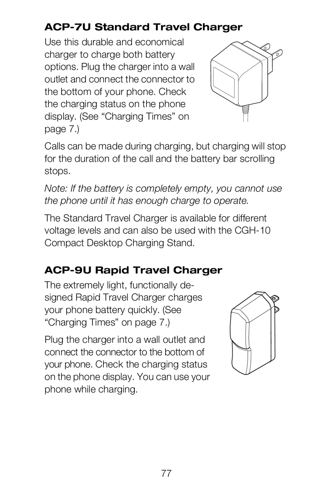 Nokia 252C owner manual ACP-7U Standard Travel Charger, ACP-9U Rapid Travel Charger 