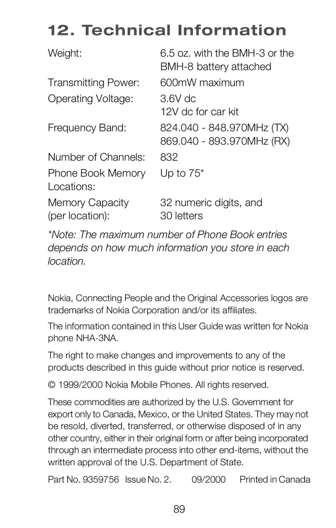 Nokia 252C owner manual Technical Information, Weight, BMH-8 battery attached 