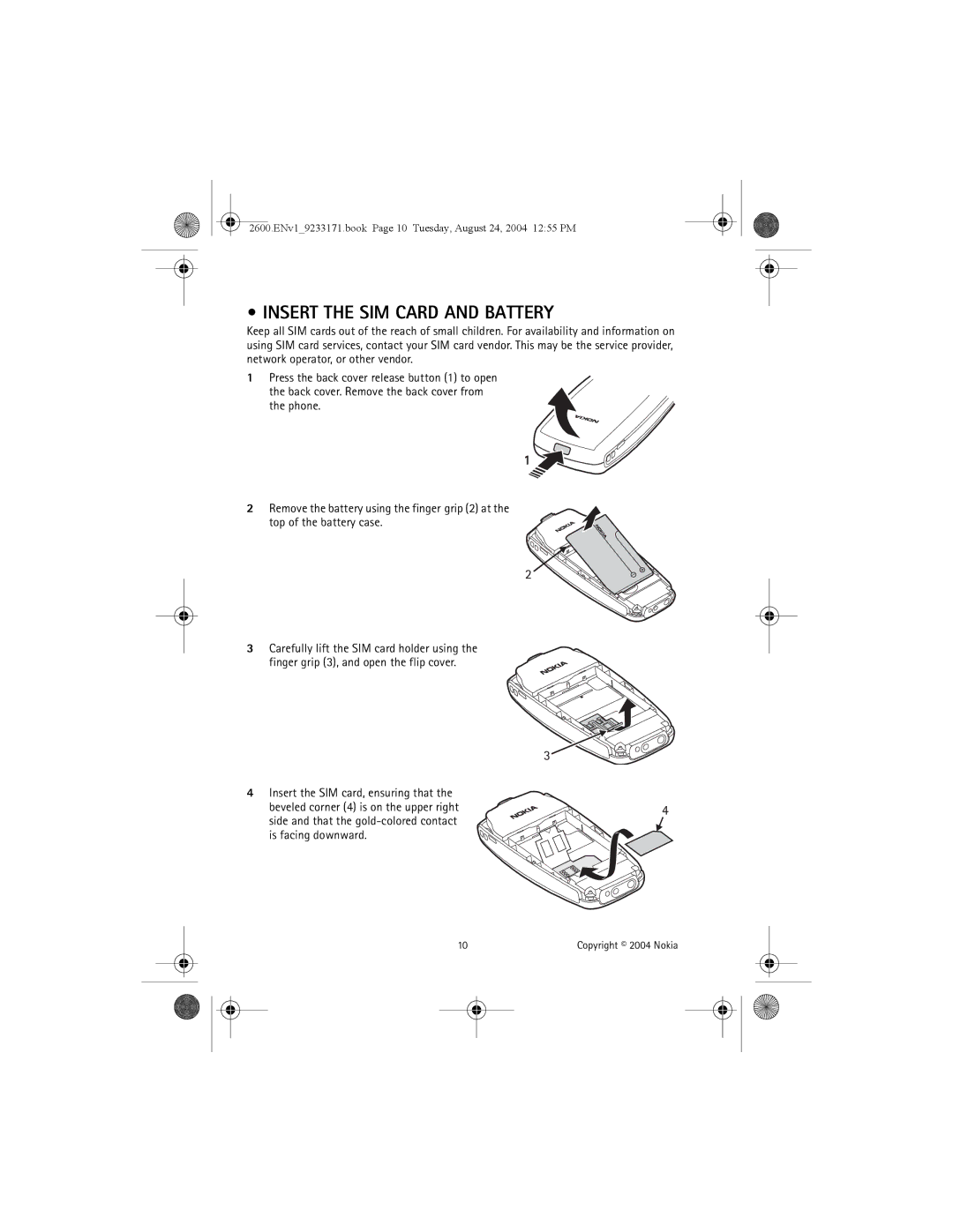 Nokia 2600 manual Insert the SIM Card and Battery 