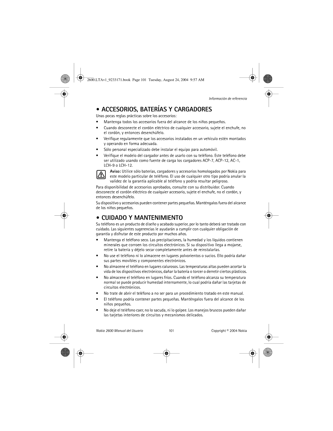 Nokia 2600 manual ACCESORIOS, Baterías Y Cargadores, Cuidado Y Mantenimiento 