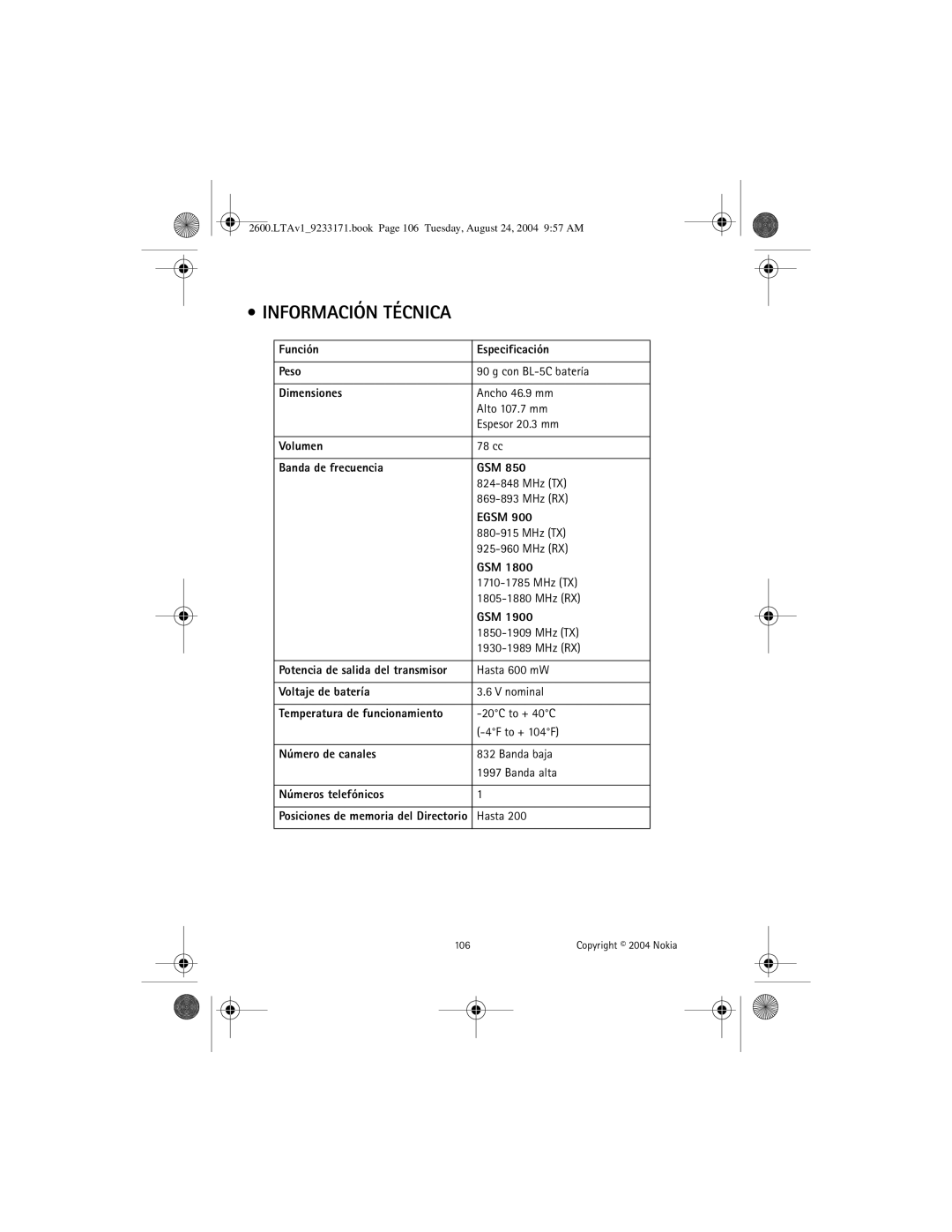 Nokia 2600 manual Información Técnica 