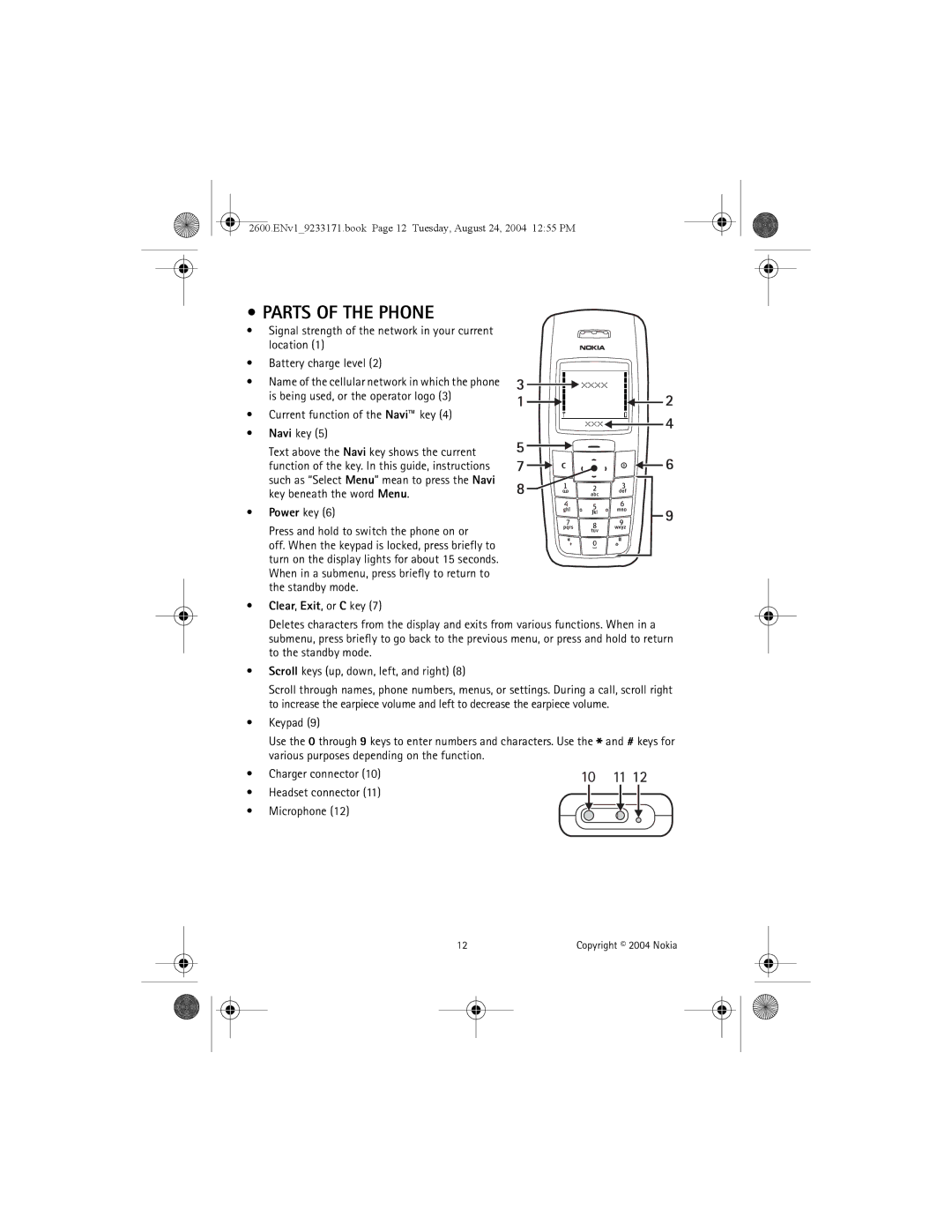 Nokia 2600 manual Parts of the Phone, Current function of the Navi key, Power key Press and hold to switch the phone on or 