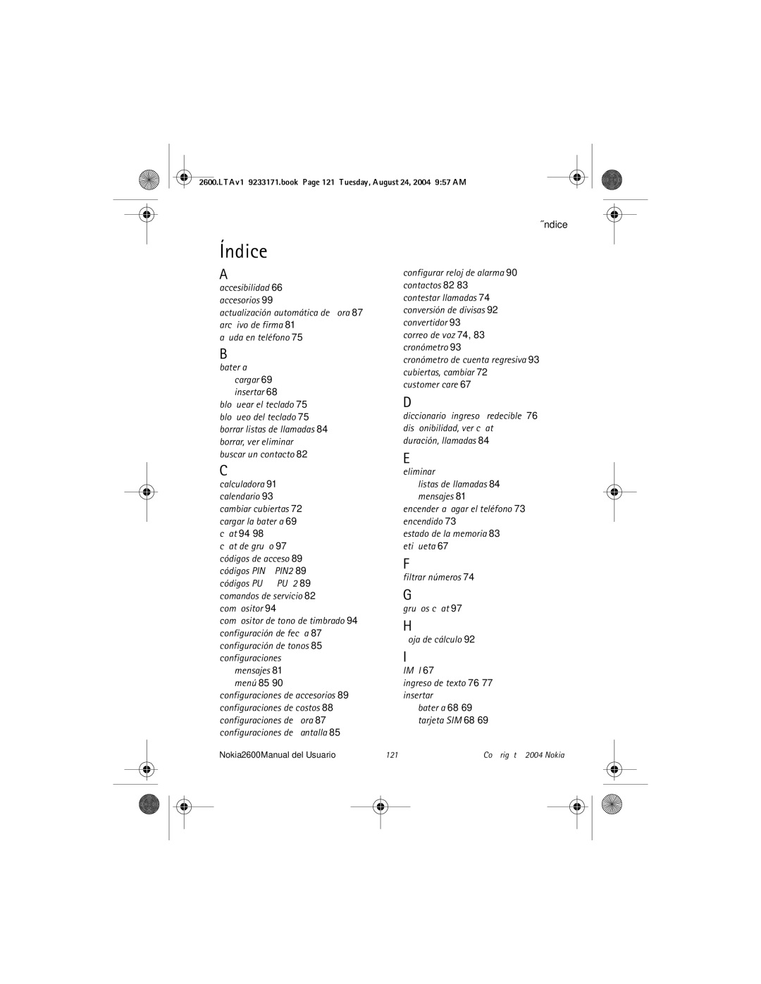 Nokia 2600 manual Índice, Ingreso de texto 76-77insertar 