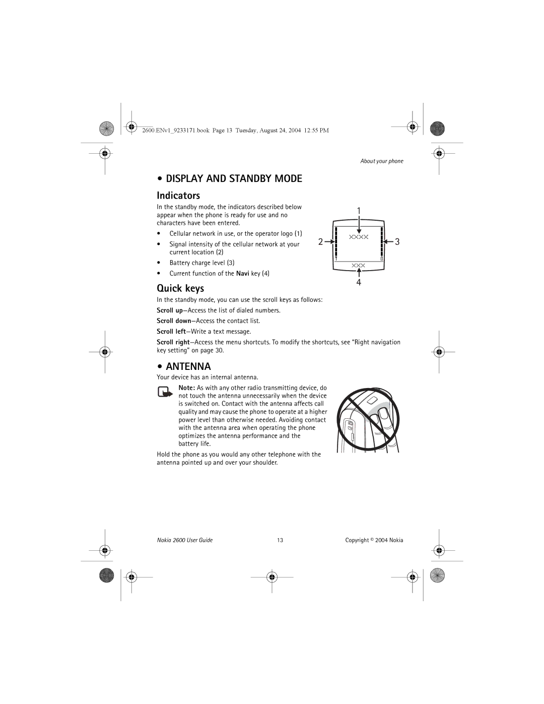 Nokia 2600 manual Display and Standby Mode, Indicators, Quick keys, Antenna, Your device has an internal antenna 