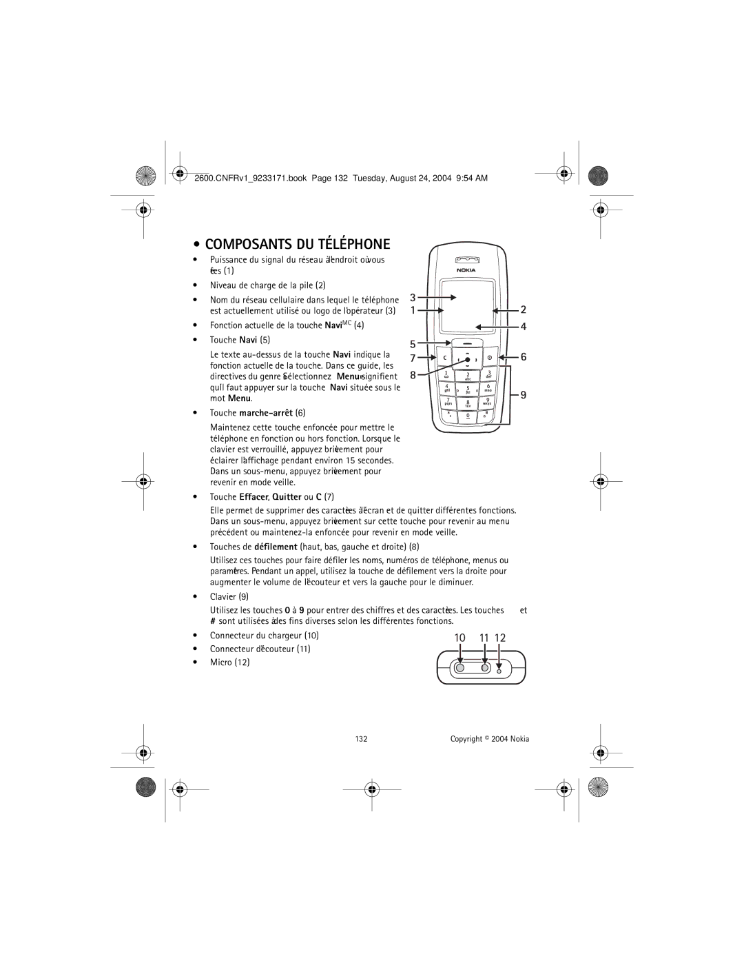 Nokia 2600 manual Composants DU Téléphone, Fonction actuelle de la touche NaviMC Touche Navi, Touche marche-arrêt 