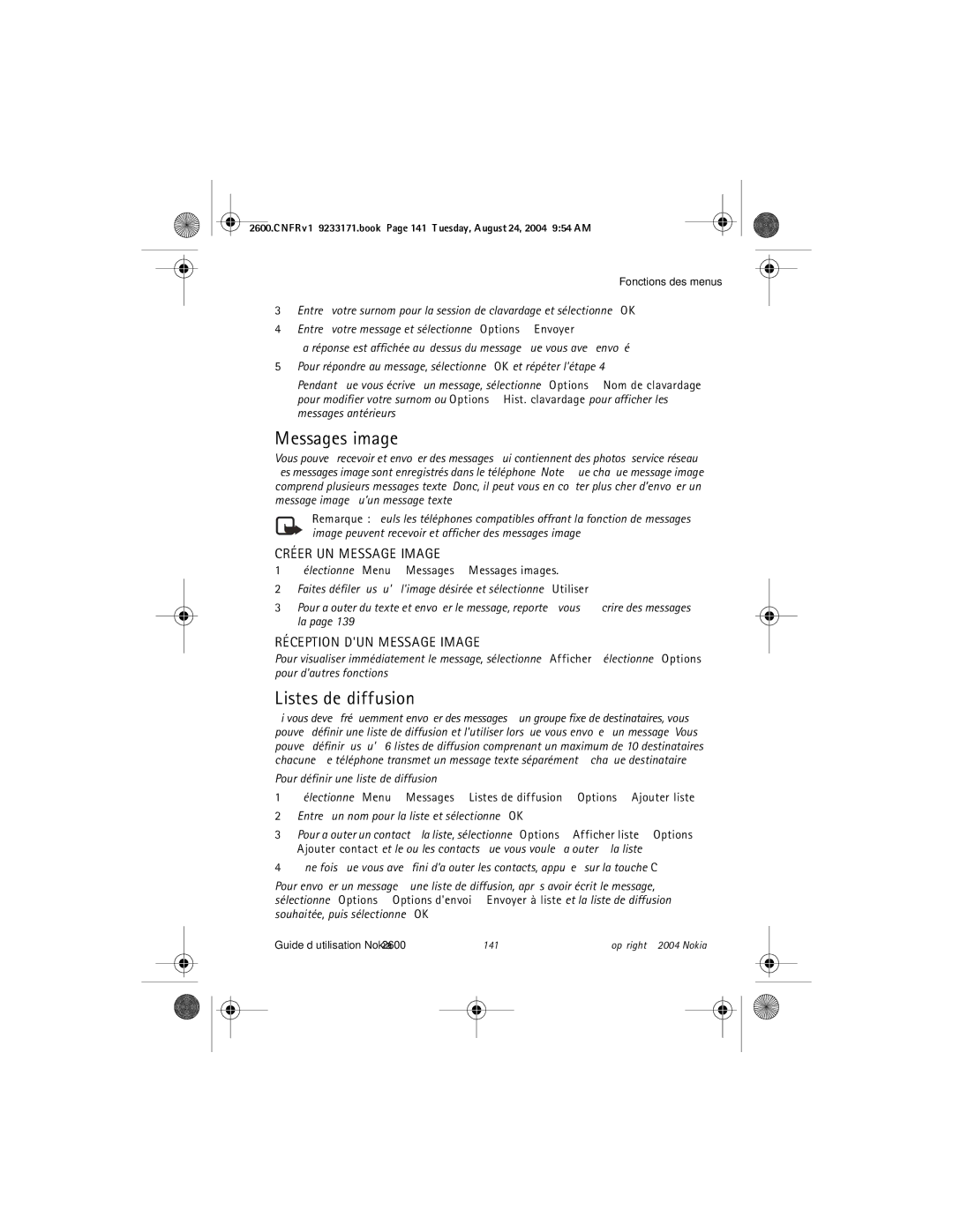 Nokia 2600 manual Messages image, Listes de diffusion, Créer UN Message Image, Réception DUN Message Image 