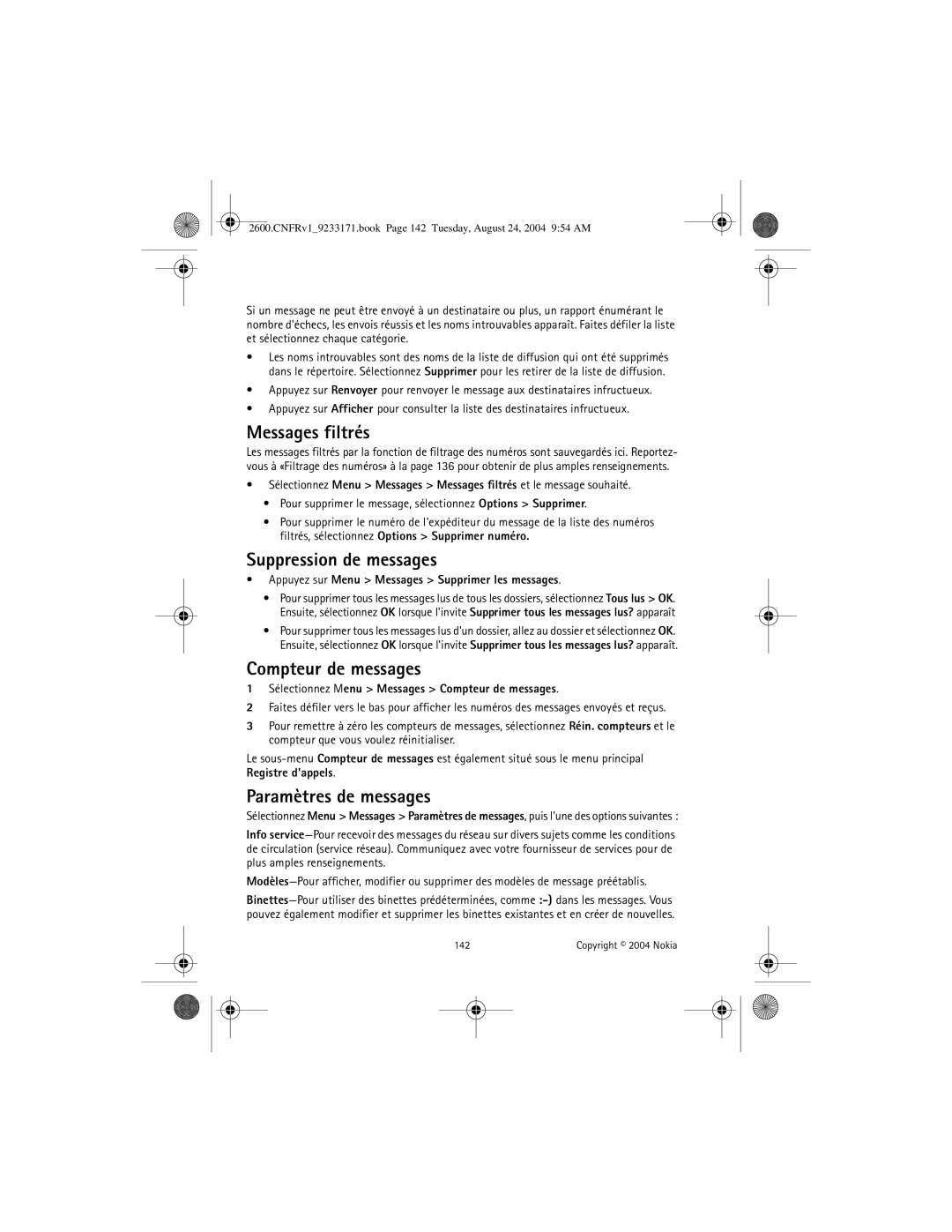 Nokia 2600 manual Messages filtrés, Suppression de messages, Compteur de messages, Paramètres de messages 