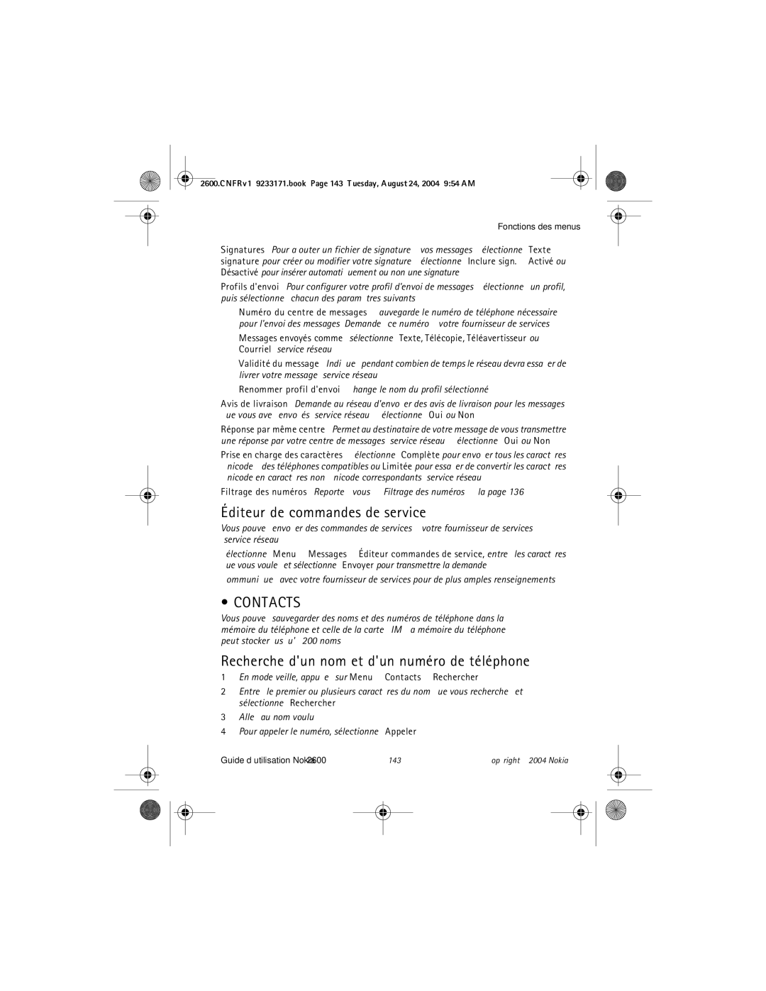 Nokia 2600 manual Éditeur de commandes de service, Recherche dun nom et dun numéro de téléphone 