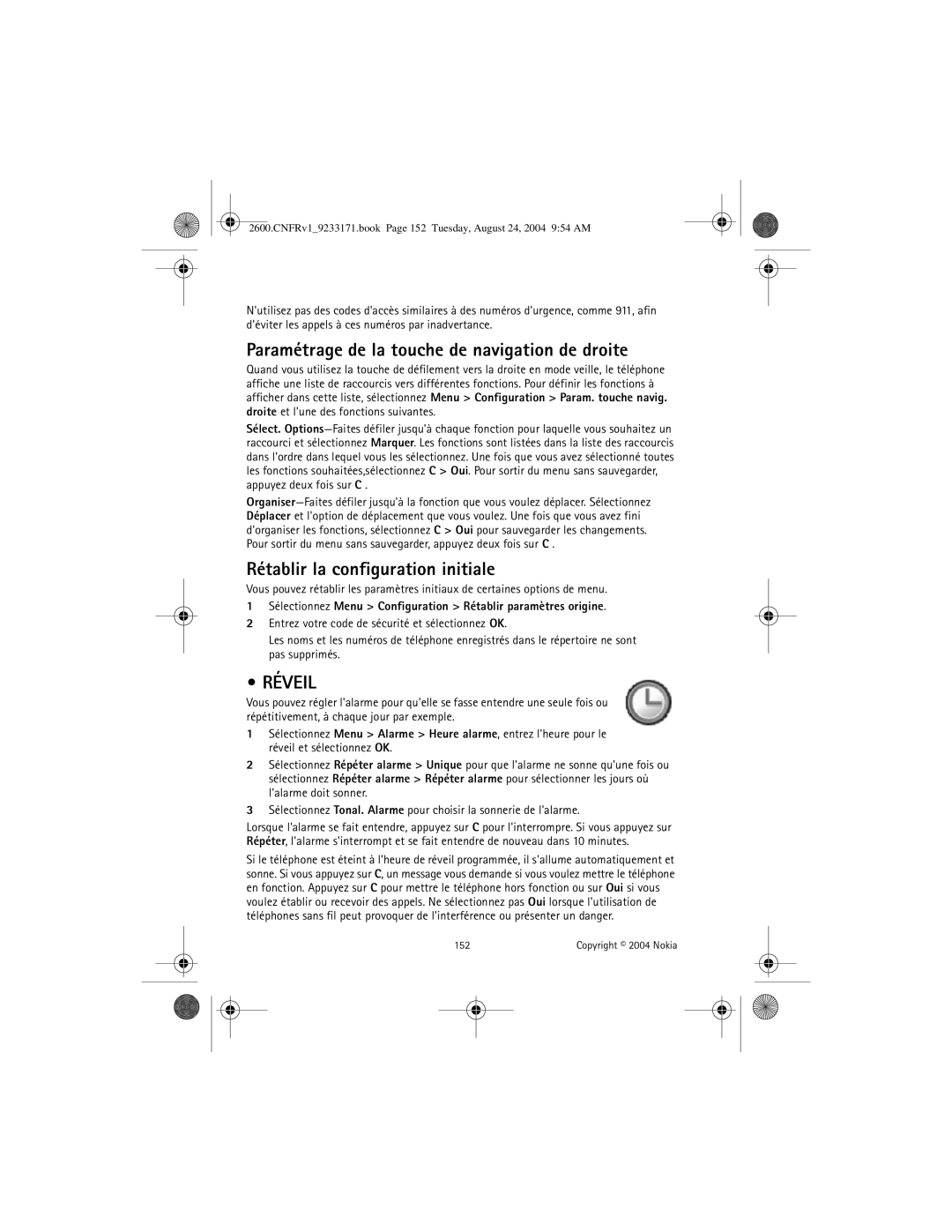 Nokia 2600 manual Paramétrage de la touche de navigation de droite, Rétablir la configuration initiale, Réveil 