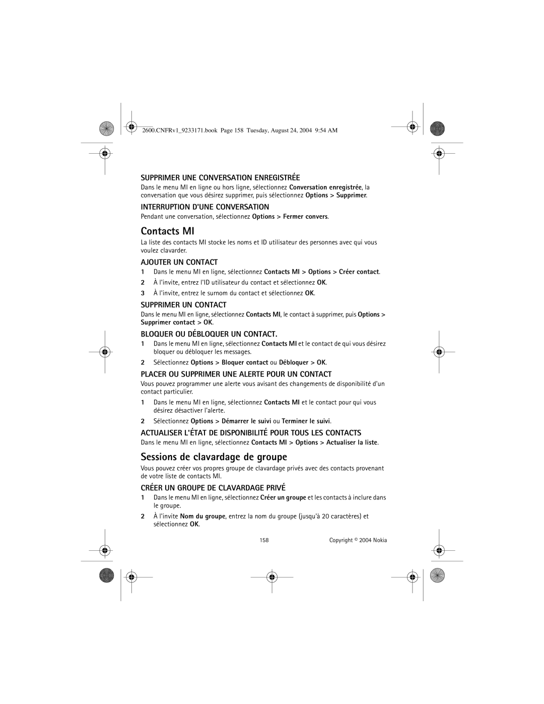 Nokia 2600 manual Contacts MI, Sessions de clavardage de groupe 