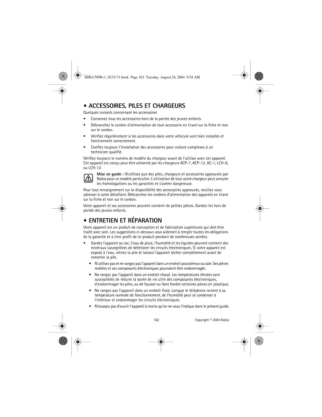 Nokia 2600 manual ACCESSOIRES, Piles ET Chargeurs, Entretien ET Réparation 