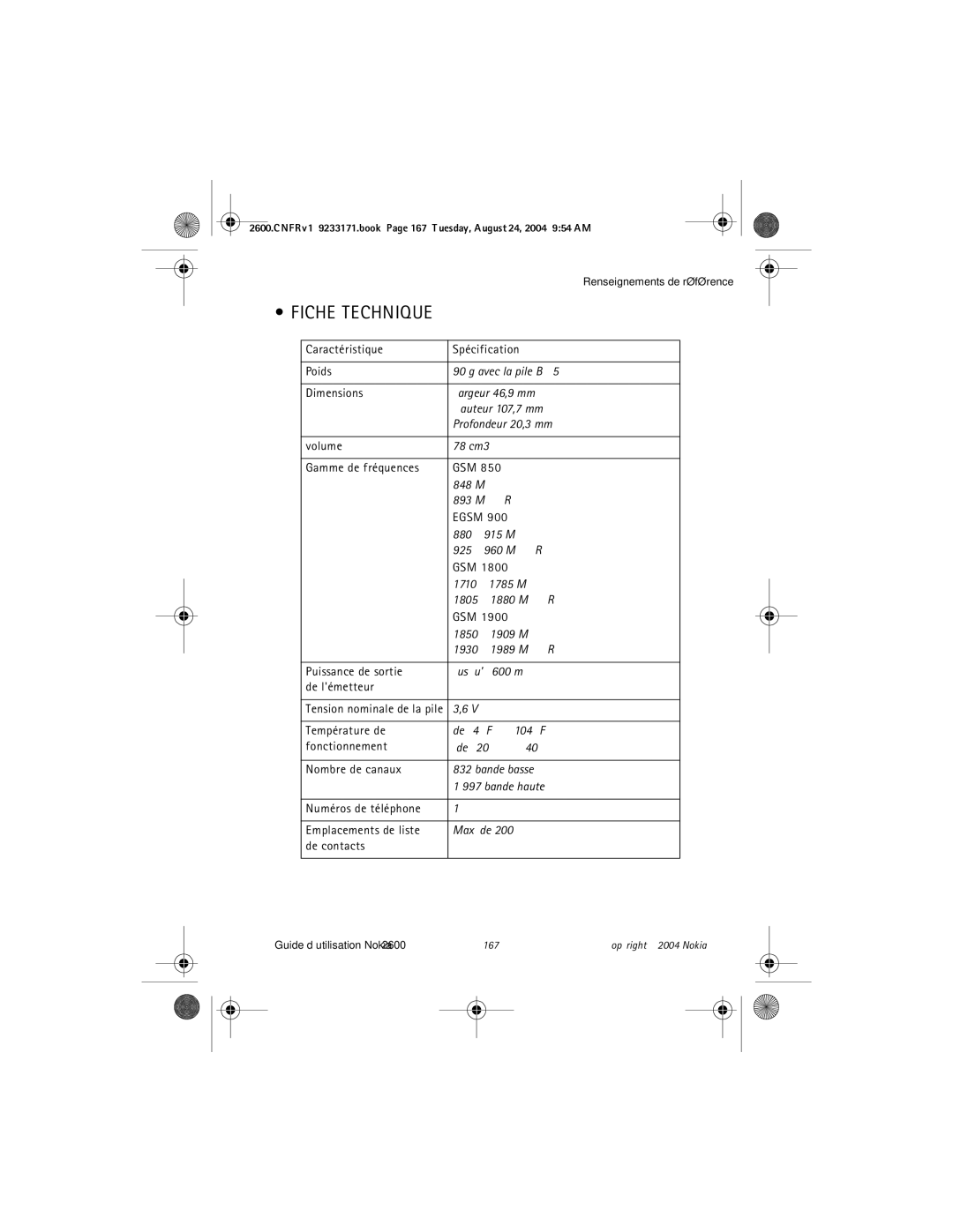 Nokia 2600 manual Fiche Technique 