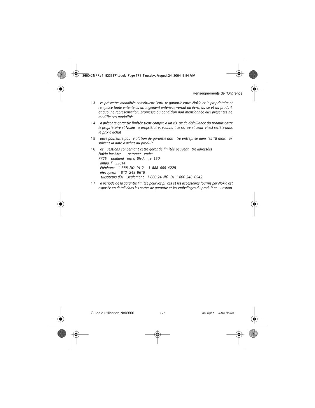 Nokia 2600 manual Guide d’utilisation Nokia 171 Copyright 2004 Nokia 