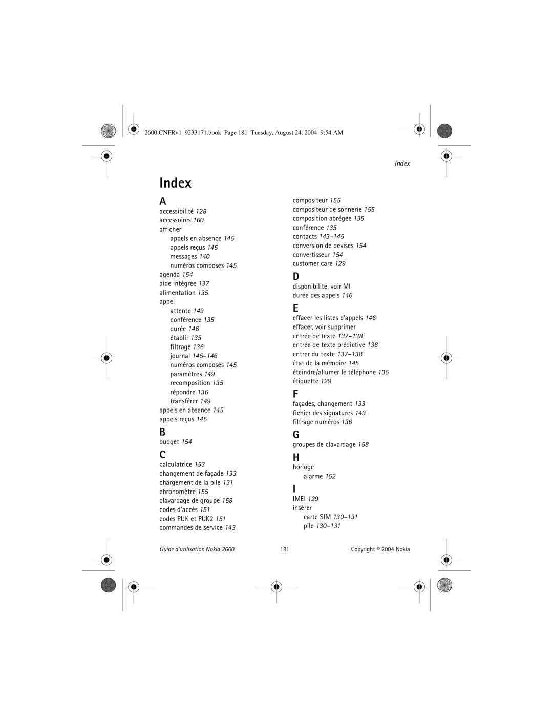 Nokia 2600 manual Budget, Groupes de clavardage, Imei 129 insérer 