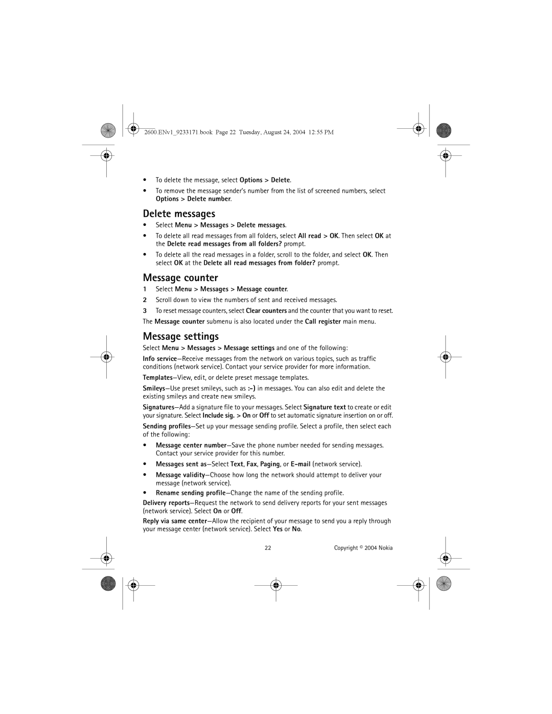 Nokia 2600 manual Message counter, Message settings, Select Menu Messages Delete messages 