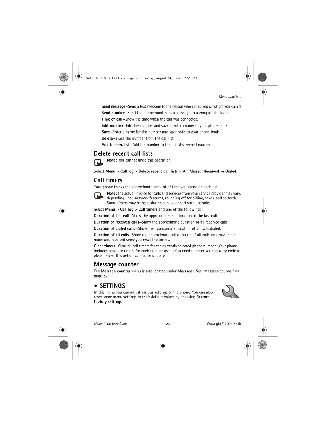 Nokia 2600 manual Delete recent call lists, Call timers, Settings 