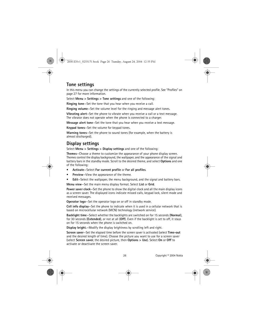 Nokia 2600 manual Tone settings, Display settings, Activate-SelectFor current profile or For all profiles 