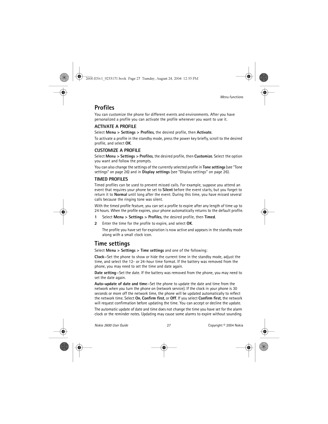 Nokia 2600 manual Time settings, Activate a Profile, Customize a Profile, Timed Profiles 